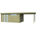 Chalet moderne Oregon 16,4m² + extension 300cm en bois traité 28mm avec porte double vitrée+fenêtre - Gardenas