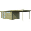 Chalet moderne Oregon 16,4m² + extension 300cm en bois traité 28mm avec porte double vitrée+fenêtre - Gardenas
