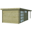 Chalet moderne Oregon 16,4m² + extension 300cm en bois traité 28mm avec porte double vitrée+fenêtre - Gardenas