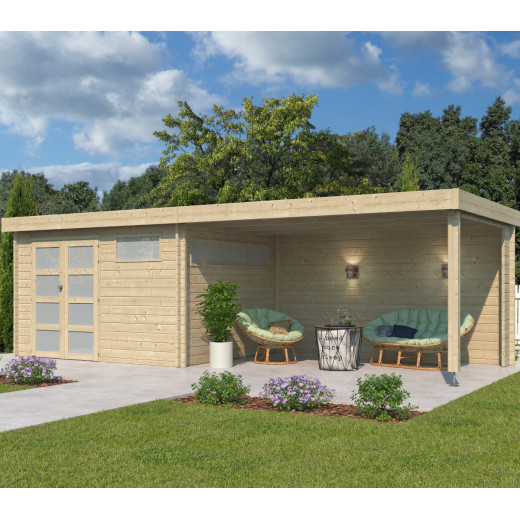 Chalet Moderne 11,84m² + extension 400cm en bois massif 44mm avec porte double vitrée+2 fenêtres - Gardenas