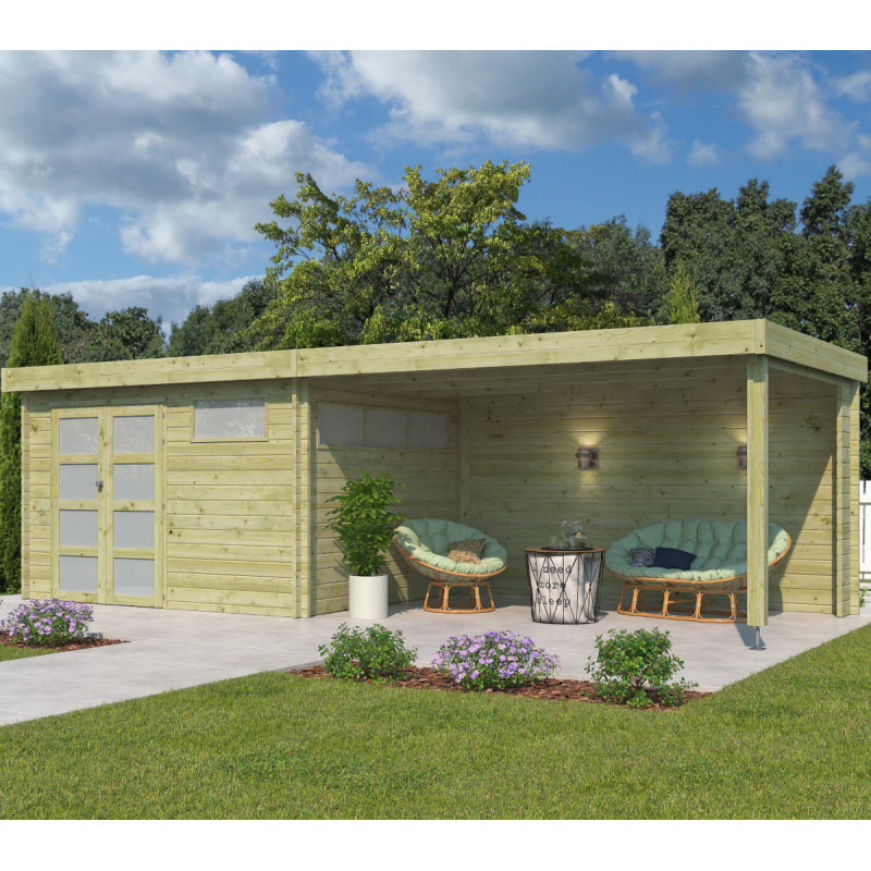 Chalet Moderne 11,84m² + extension 400cm en bois traité 44mm avec porte double vitrée+2 fenêtres - Gardenas