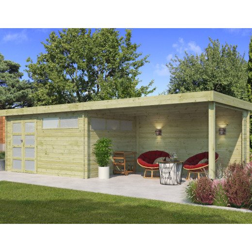 Chalet Moderne 13,8m² + extension 400cm en bois traité 44mm avec porte double vitrée+2 fenêtres - Gardenas