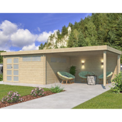 Chalet Moderne 17,39m² + extension 400cm en bois massif 44mm avec porte double vitrée+2 fenêtres - Gardenas