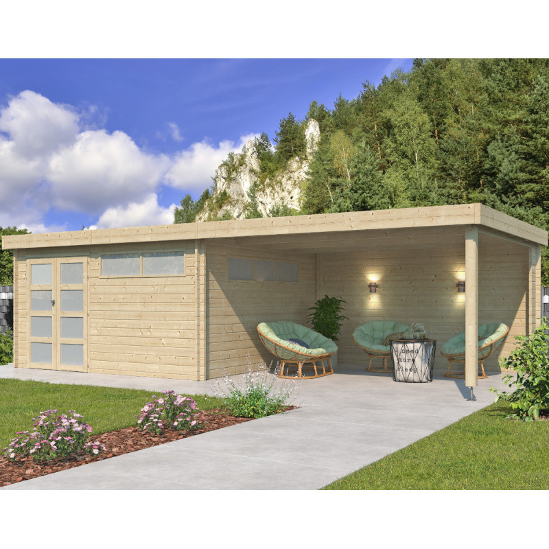 Chalet Moderne 17,39m² + extension 400cm en bois massif 44mm avec porte double vitrée+2 fenêtres - Gardenas