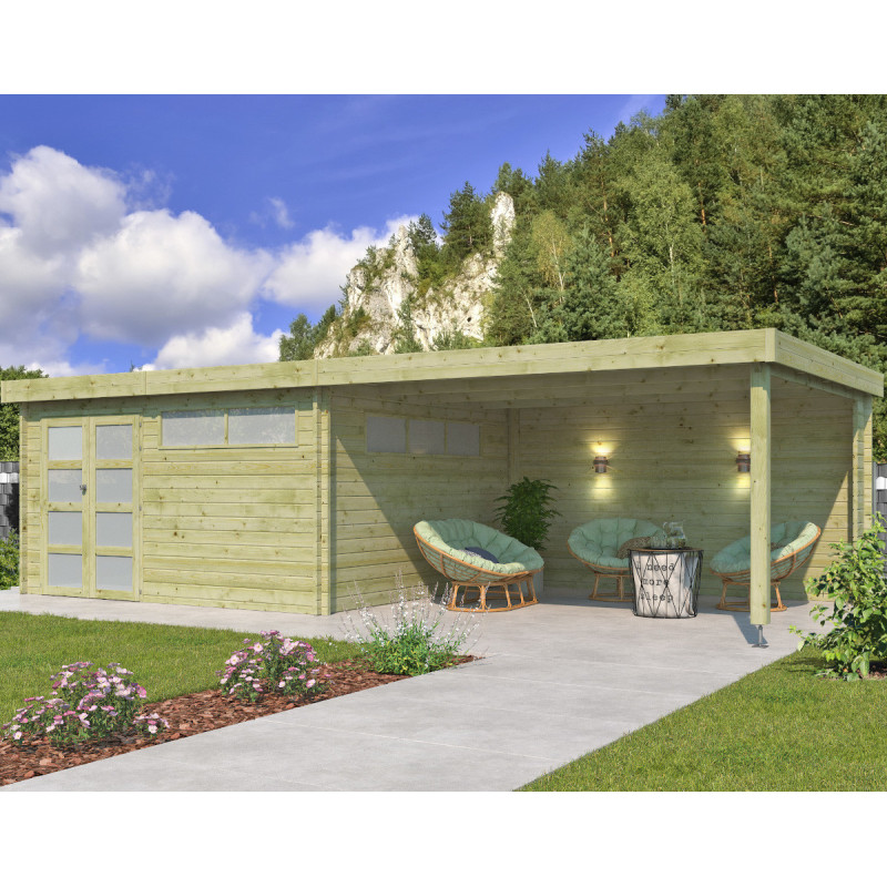 Chalet Moderne 17,39m² + extension 400cm en bois traité 44mm avec porte double vitrée+2 fenêtres - Gardenas