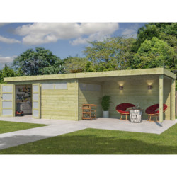 Chalet Moderne 16,74m² + extension 400cm en bois traité 44mm avec porte double vitrée+2 fenêtres - Gardenas
