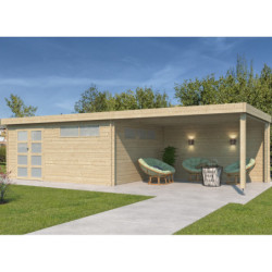 Chalet Moderne 21,09m² + extension 400cm en bois massif 44mm avec porte double vitrée+2 fenêtres - Gardenas