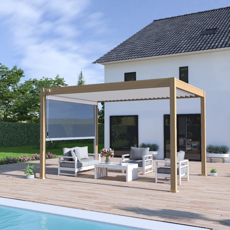 Pergola bioclimatique autoportante en alu aspect bois 3x4m - lames blanches - store latéral - Ombrea