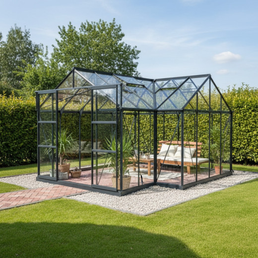 Serre de jardin Orangerie B 12m² anthracite en verre trempé 4mm + embase Green Protect