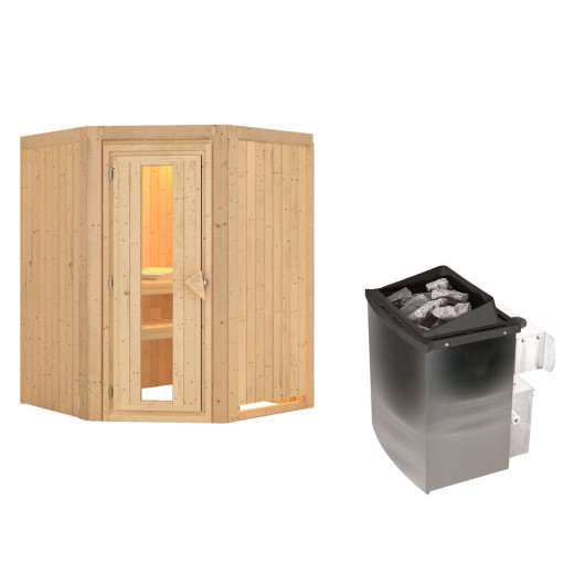 Sauna traditionnel d'angle LARIN - poêle 9000W contrôle intégré - porte économie d'énergie KARIBU