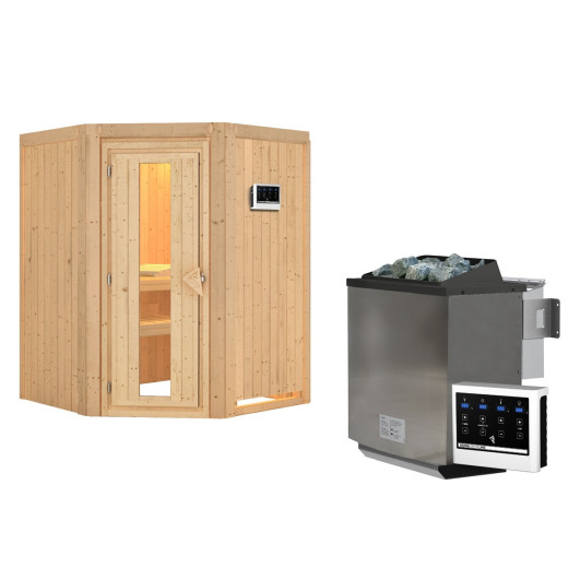 Sauna traditionnel d'angle LARIN avec poêle Easy Bio 9000W - porte économie d'énergie KARIBU