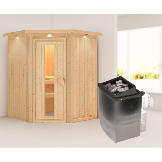 Sauna traditionnel d'angle LARIN poêle a contrôle intégré 3 à 4 places 68mm avec couronne et porte à économie d'énergie K ARIBU