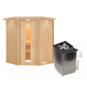 Sauna traditionnel d'angle LARIN poêle a contrôle intégré 3 à 4 places 68mm avec couronne et porte à économie d'énergie K ARIBU