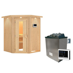 Sauna traditionnel d'angle LARIN poêle a contrôle externe - porte à économie d'énergie KARIBU