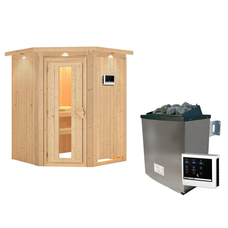 Sauna traditionnel d'angle LARIN poêle a contrôle externe - porte à économie d'énergie KARIBU