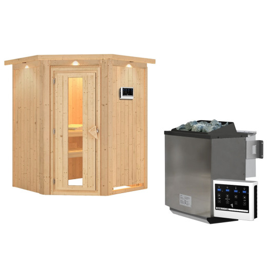 Sauna traditionnel d'angle LARIN poêle Easy Bio avec porte à économie d'énergie KARIBU