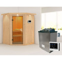 Sauna traditionnel d'angle LARIN poêle avec contrôle externe - couronne et porte classique KARIBU