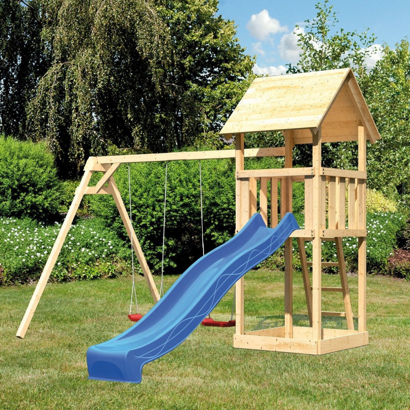 Tour de jeux avec 2 balançoires et toboggan bleu en bois Lotti - Akubi