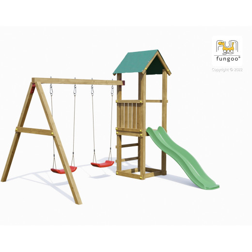 Tour de jeux en bois traité avec 2 balançoires et toboggan Lucas FUNGOO