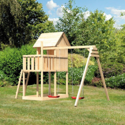 Cabane sur pilotis avec 2 balançoires en épicéa naturel Frieda - Akubi