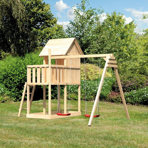 Cabane sur pilotis avec 2 balançoires en épicéa naturel Frieda - Akubi