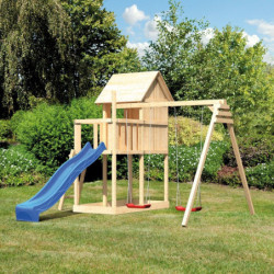 Cabane avec toboggan bleu et 2 balançoires en bois Frieda - Akubi