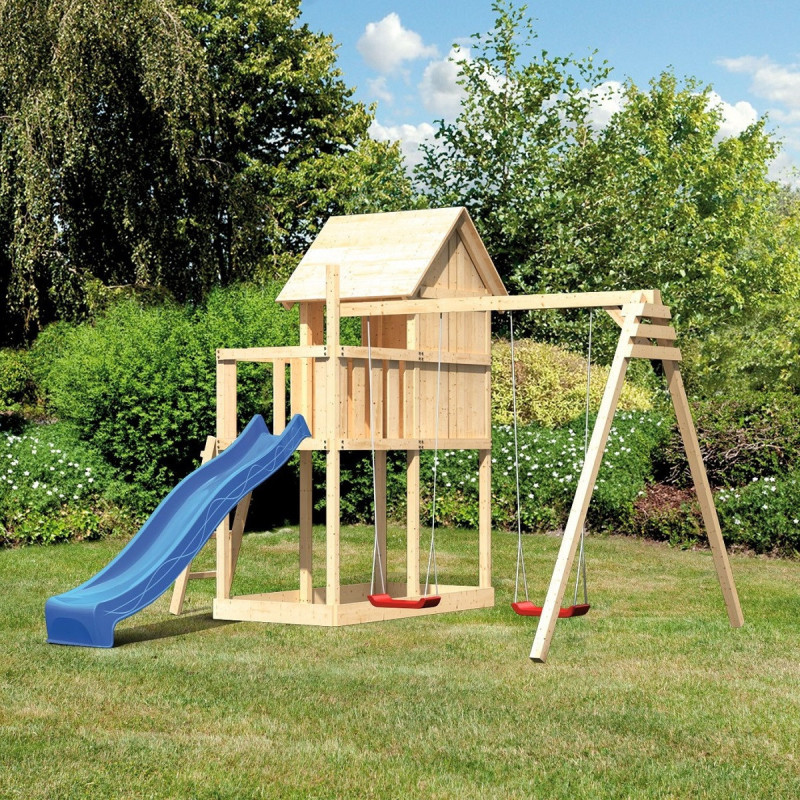 Cabane avec toboggan bleu et 2 balançoires en bois Frieda - Akubi