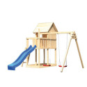 Cabane avec toboggan bleu et 2 balançoires en bois Frieda - Akubi