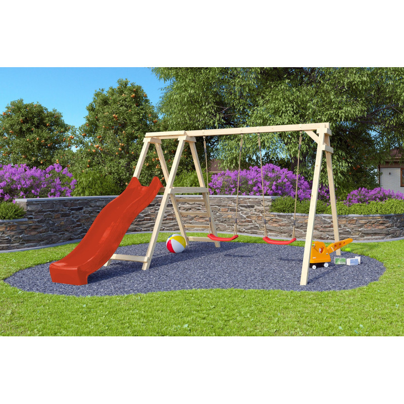 Portique en bois et 2 balançoires, échelle, toboggan rouge Felix Akubi