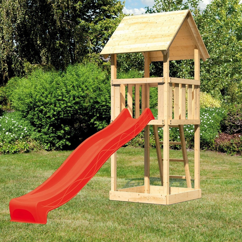 Tour de jeux avec bac à sable et toboggan rouge en bois Lotti - Akubi