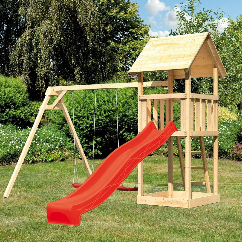 Tour de jeux avec 2 balançoires - toboggan rouge en bois Lotti - Akubi