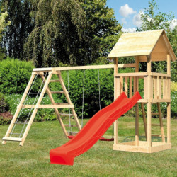 Tour de jeux avec double échelle - toboggan rouge - bois Lotti - Akubi