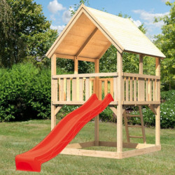 Tour de jeux avec toboggan rouge en épicéa naturel Luis - Akubi