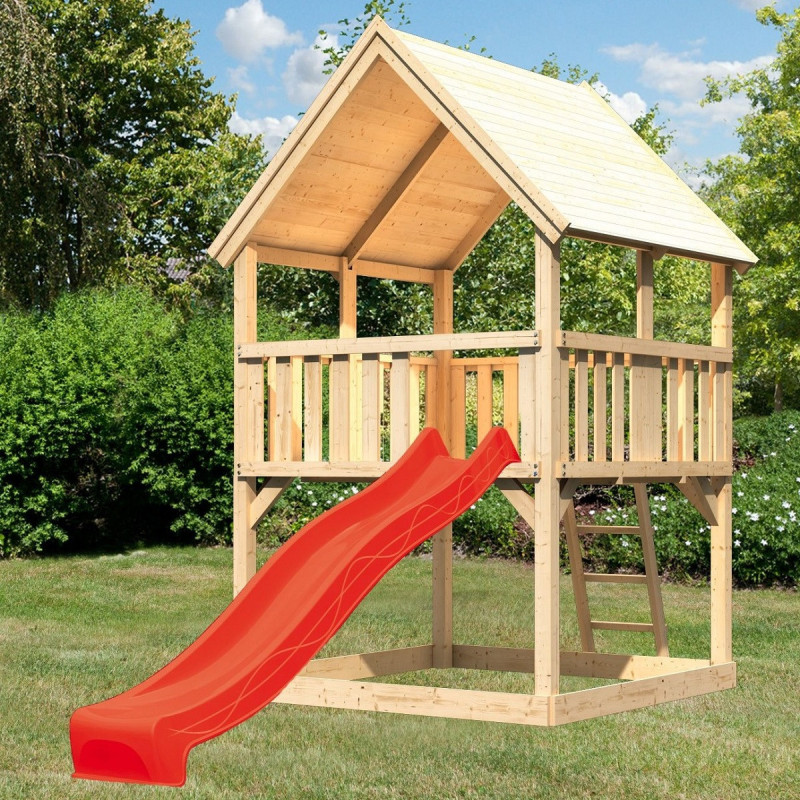 Tour de jeux avec toboggan rouge en épicéa naturel Luis - Akubi