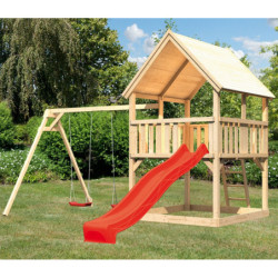 Tour de jeux avec toboggan rouge et 2 balançoires en bois Luis - Akubi