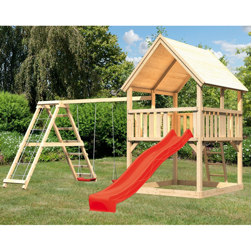 Tour de jeux avec toboggan rouge et double échelle en bois Luis - Akubi