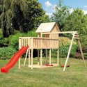 Cabane avec toboggan rouge et 2 balançoires en bois Frieda - Akubi