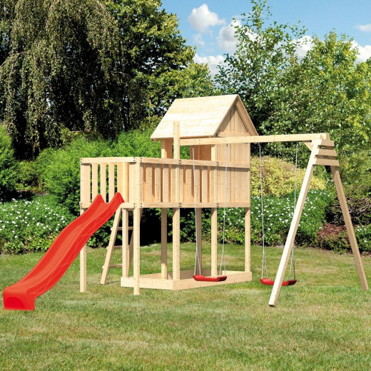 Cabane avec toboggan rouge et 2 balançoires en bois Frieda - Akubi