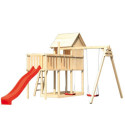 Cabane avec toboggan rouge et 2 balançoires en bois Frieda - Akubi