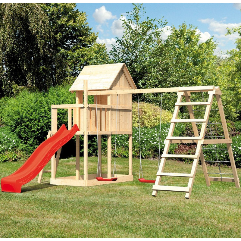 Cabane avec toboggan rouge et double échelle bois Frieda - Akubi