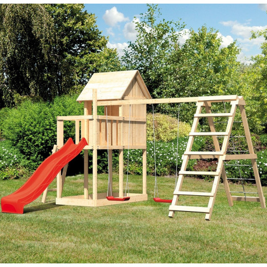 Cabane avec toboggan rouge et double échelle bois Frieda - Akubi
