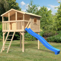 Cabane sur pilotis Benjamin - bois brut - toboggan bleu - Akubi