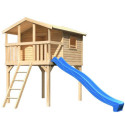 Cabane sur pilotis Benjamin - bois brut - toboggan bleu - Akubi