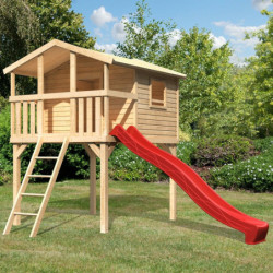 Cabane sur pilotis Benjamin - bois brut - toboggan rouge - Akubi