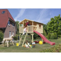 Cabane sur pilotis Benjamin - bois brut - toboggan rouge - Akubi