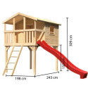 Cabane sur pilotis Benjamin - bois brut - toboggan rouge - Akubi