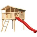 Cabane sur pilotis Benjamin - bois brut - toboggan rouge - Akubi