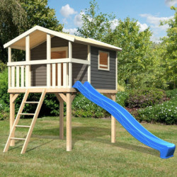 Cabane sur pilotis Benjamin - bois gris - toboggan bleu - Akubi