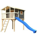 Cabane sur pilotis Benjamin - bois gris - toboggan bleu - Akubi