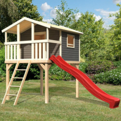 Cabane sur pilotis Benjamin - bois gris - toboggan rouge - Akubi